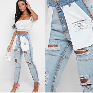 Maniere De Voir Button Fly Inside Out Distressed Light Denim Size 6